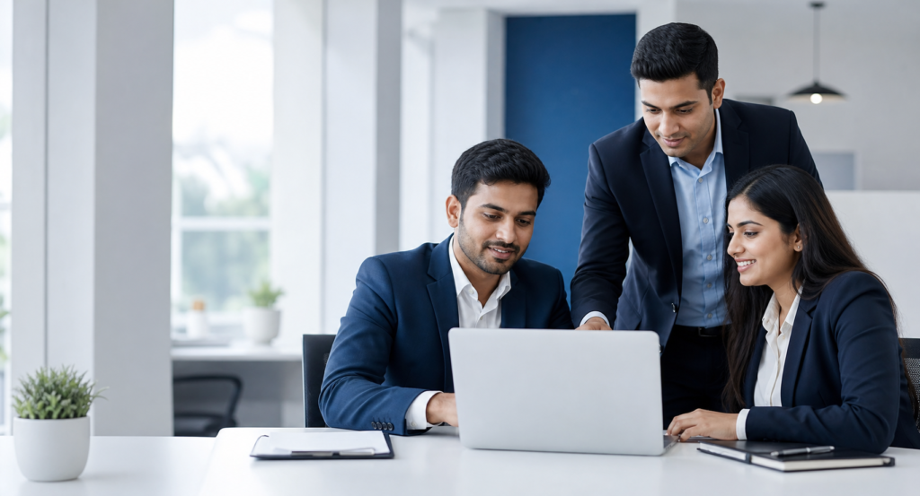 Indian business professionals reviewing accounting and compliance work